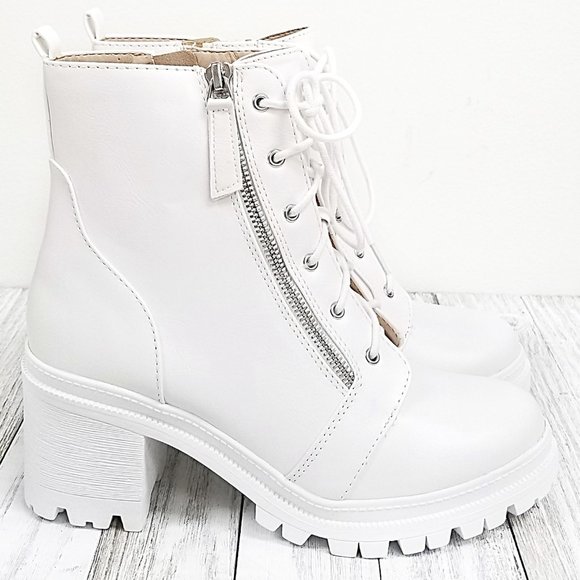 New White Combat Lace Up Lug Ankle Boots Booties - Picture 2 of 5